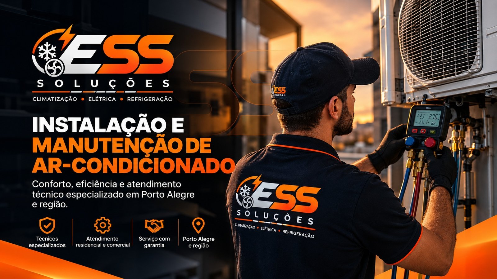 Técnico da ESS Soluções realizando diagnóstico em ar-condicionado
